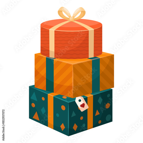 A stylish vector cartoon image of a Christmas gift. Concept for greetings, holidays, and New Year's celebrations. A birthday present. Element for your card design, etc.