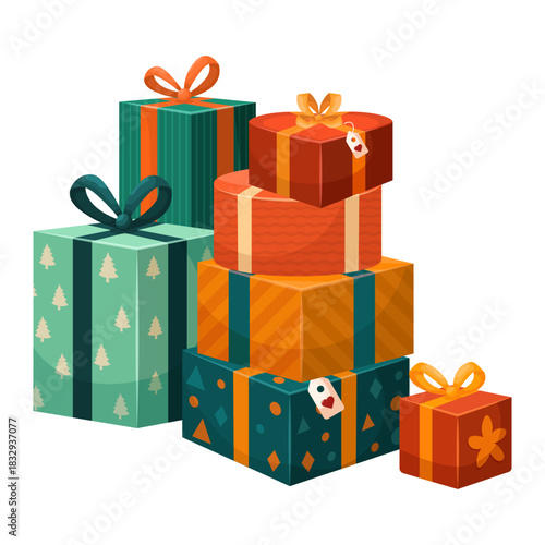 A stylish vector cartoon image of a Christmas gift. Concept for greetings, holidays, and New Year's celebrations. A birthday present. Element for your card design, etc.
