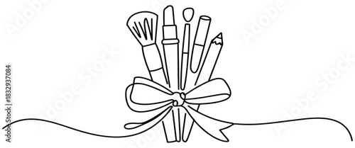 Single Line Drawing of Makeup Brushes Tied with a Ribbon Bow beauty cosmetics