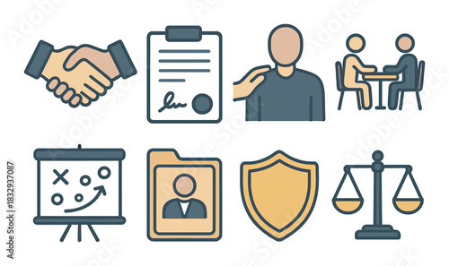 Business and legal icons representing partnership and strategy