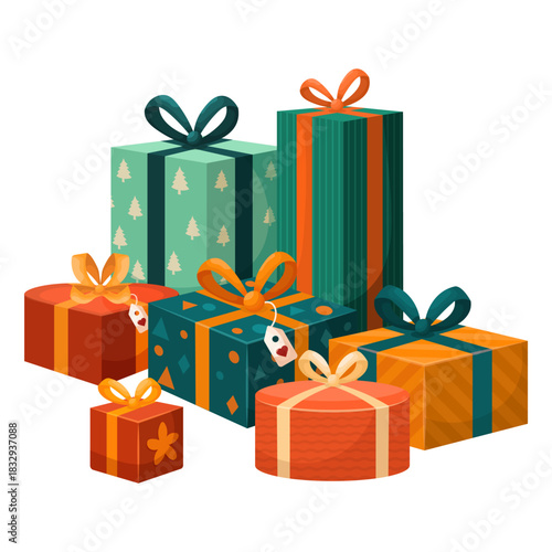 A stylish vector cartoon image of a Christmas gift. Concept for greetings, holidays, and New Year's celebrations. A birthday present. Element for your card design, etc.