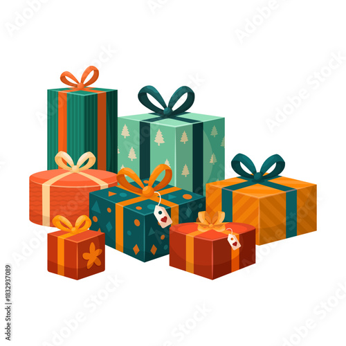A stylish vector cartoon image of a Christmas gift. Concept for greetings, holidays, and New Year's celebrations. A birthday present. Element for your card design, etc.
