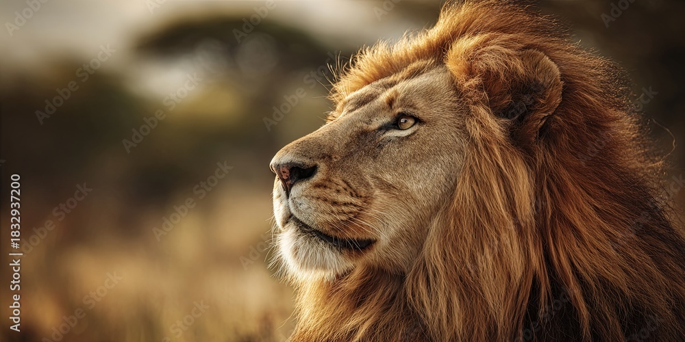 Fototapeta premium Majestic Lion in Profile with Golden Mane Against Soft Out-of-Focus Background in Natural Habitat Capturing Grace and Power of Wild Animal