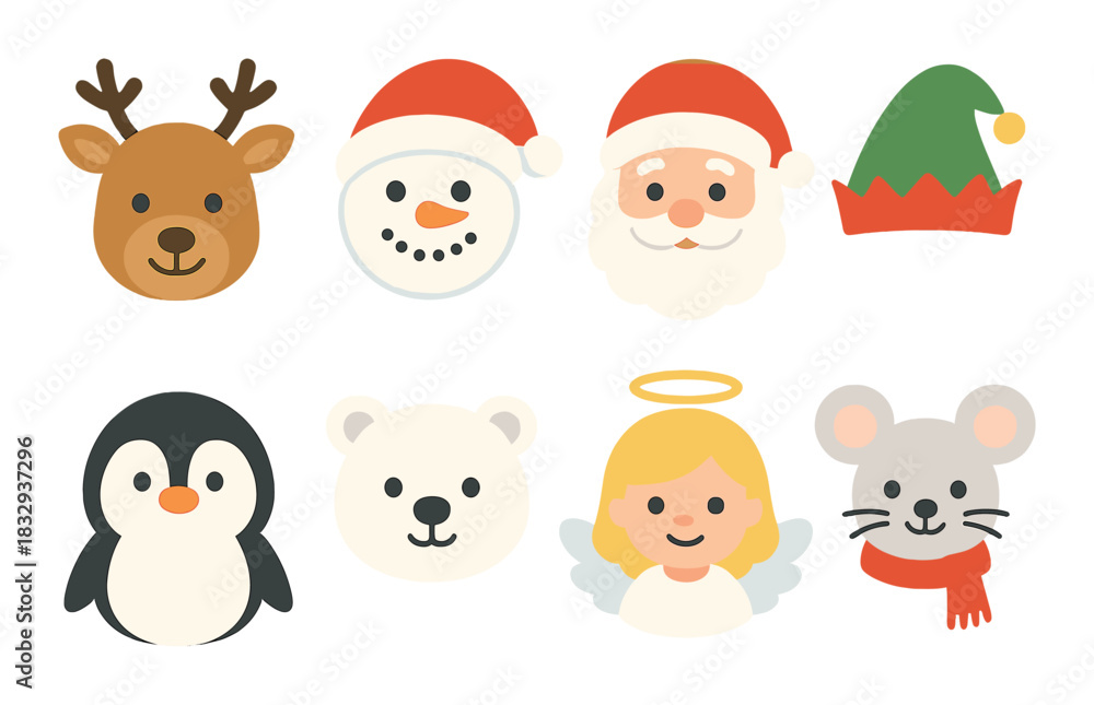 Naklejka premium Festive cartoon characters with christmas hats including santa, angel, and penguin