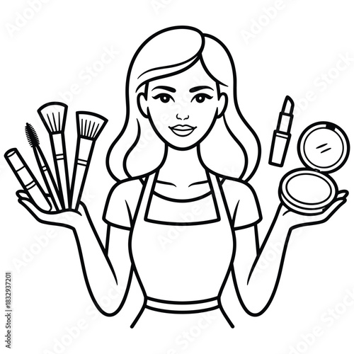 Stylized Woman Holding Makeup Brushes and Cosmetics in Outline Style makeup artist
