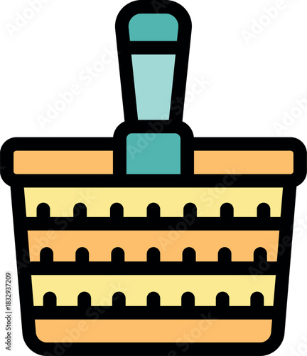 Woven picnic basket with closed lid and handle up, ready for carrying food, drinks, and supplies for outdoor dining