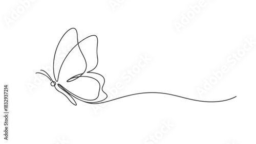 Simple One Line Art Continuous Drawing of a Butterfly in Flight, Minimalist Aesthetic Sketch
