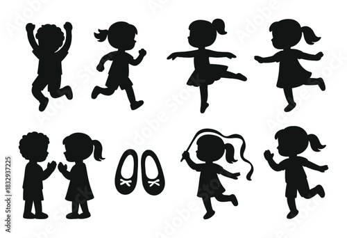 Silhouettes of children playing and dancing with ballet shoes