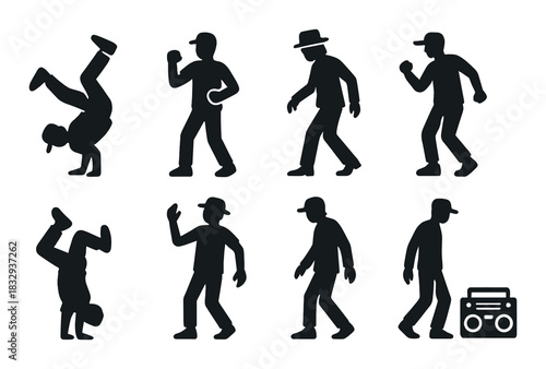 Silhouettes of dancing figures with diverse hip hop poses on brown background