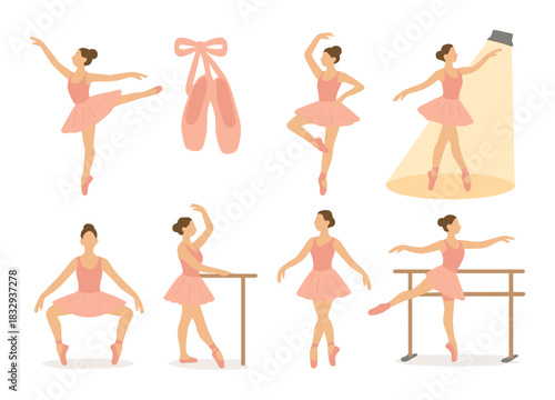 Female ballerinas and ballet shoes in various poses