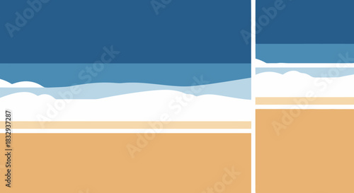 Minimalist Beach Scene with Blue Ocean and Sandy Shore.