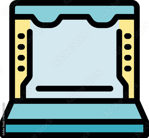 Empty stage illuminated by spotlights, ready for a theatrical performance, with closed curtain and side lights