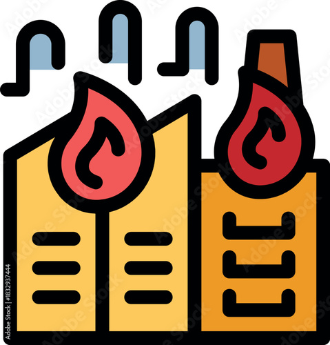 Industrial pollution causing global warming, factory chimney emitting smoke and fire