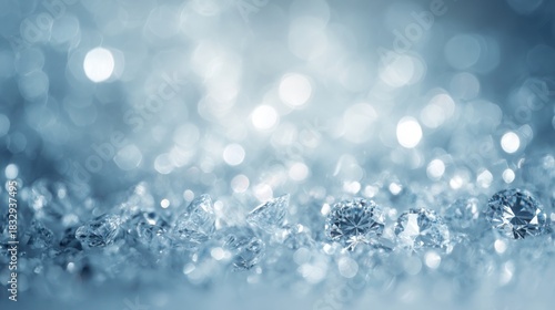 Bright winter bokeh background with sparkling crystal like highlights resembling diamonds, clean minimal center space for text, luxurious cold