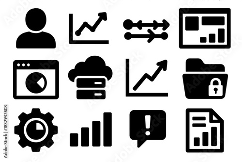 Brutalist Analytics Icons. User Behavior Analytics silhouette icon set. user silhouette, graph icon, data flow, dashboard interface, app window, cloud server, performance chart