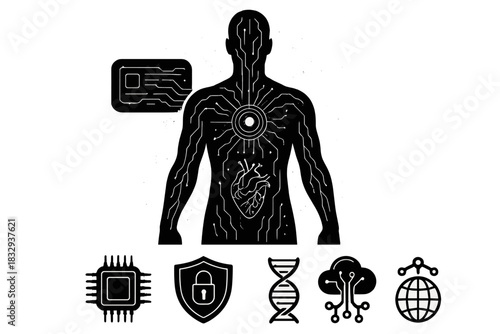 Futuristic Human Blueprint. Future Human linear icon set: silhouette with circuits, glowing veins, holographic display, digital heart, energy core, tech aura