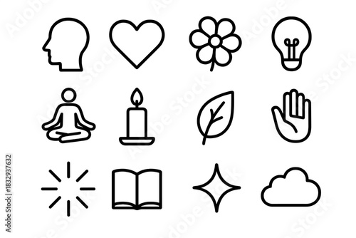 Mind and Balance Icons. Mind & Balance Icons linear icon set. head silhouette, heart, flower, light bulb, yoga pose, candle, leaf, open palm, rays of light, book, sparkle, cloud