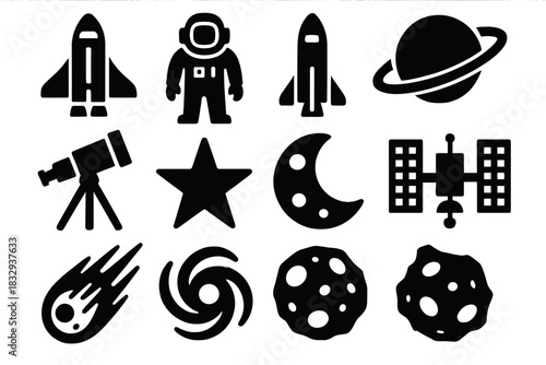Bold Space Icons. Space Exploration silhouette icon set. spaceship, astronaut, rocket, planet, telescope, star, moon, satellite, comet, galaxy, asteroid, space station.