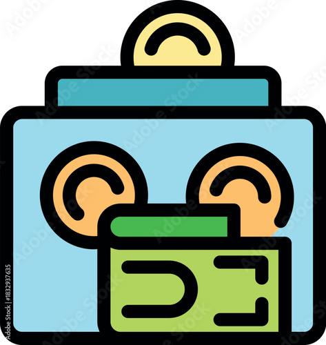 Contactless payment terminal processing a credit card with nfc technology and coins falling inside