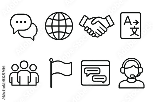 Global Communication Icons. Multicultural Communication linear icon set: speech bubbles, globe, handshake, translation icon, flag, people group, chat window, headset