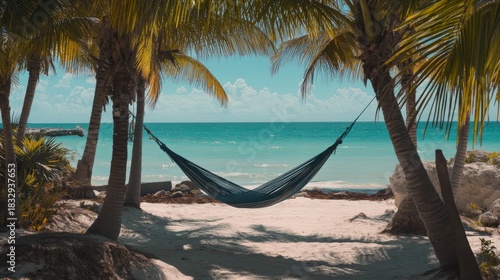 Fototapeta Naklejka Na Ścianę i Meble -  Empty hammock hanging between palm trees on tropical beach