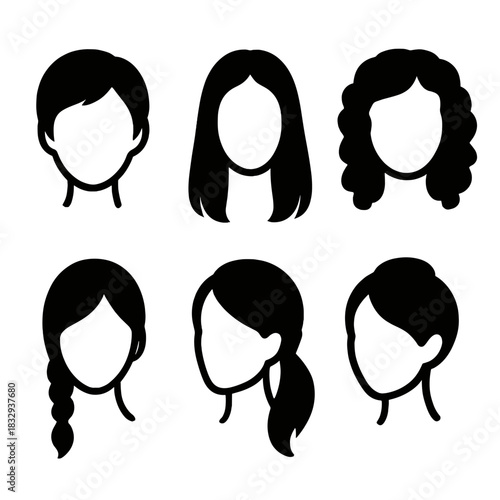 Diverse Hair Silhouettes. Hairstyles Set linear icon set: short hair silhouette, long hair silhouette, curly hair, braided hair, ponytail, bun style