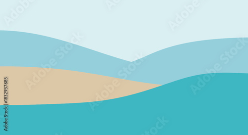 Minimalist Beach Landscape with Blue Waves and Sandy Shore.
