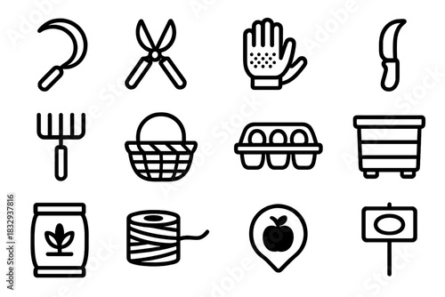 Harvest Tools Icons. Harvest Tools Collection linear icon set: sickle, pruning shears, garden gloves, harvest knife, grain rake, woven basket, seed tray, sorting bin, fertilizer