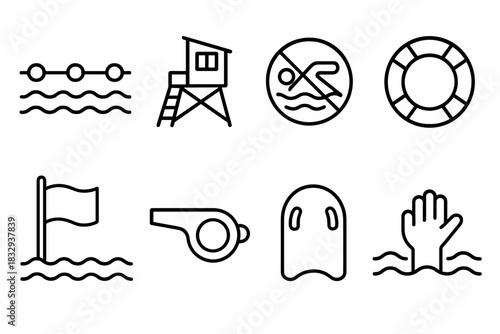 Safe Swimming Icons. Safe swimming area concept linear icon set: buoy line, lifeguard tower, no swimming sign, rescue ring, flag pole, wave, whistle, float board