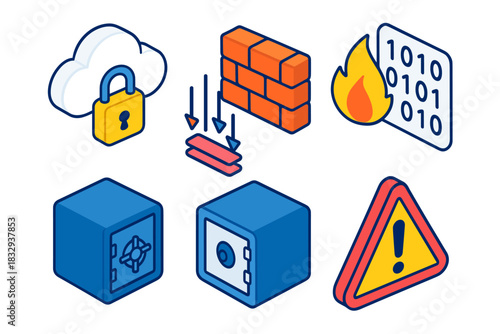 Cyber Security Icons. Cyber Confidentiality flat icon set: cloud, firewall, data stream, binary code, vault, warning triangle