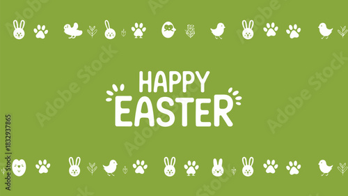 Happy easter greeting with cute white bunny rabbits chicks paw prints and eggs on green background