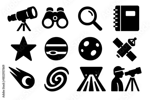 Brutalist Observation Icons. Observation silhouette icon set: telescope, binoculars, magnifying glass, notebook, star, planet, moon, satellite, comet, galaxy, light beam