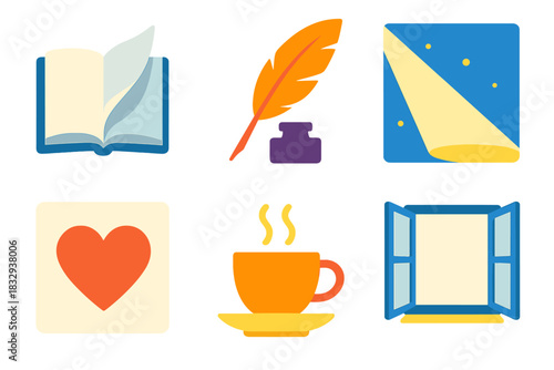 Vibrant Life Symbols. Life’s Next Page flat icon set : turning book page, feather quill, light beam, heart symbol, cup of tea, open window