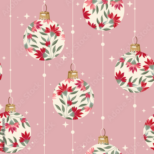 Pink seamless pattern with christmas balls. Flowers and plants. Background for wrapping paper, fabric print, greeting cards. Winter Holiday design.
