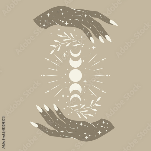 Boho illustration with moon phases and woman hand. Alchemy esoteric magic space. Elegant illustration.