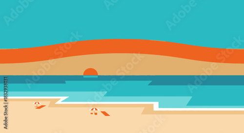 Beach sunset scene with ocean and sand.