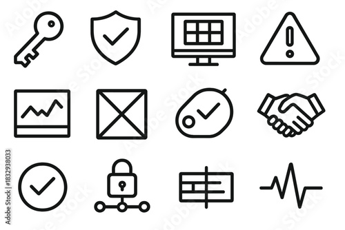Cyber Security Icons. Cyber Network Symbols linear icon set: encryption key, secure shield, monitor grid, alert triangle, traffic graph, block rule, permission tag, handshake icon