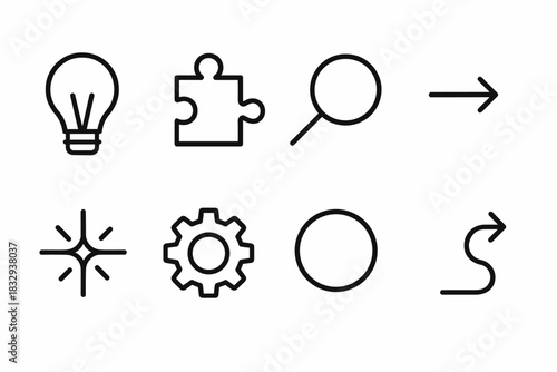 Innovative Problem-Solving Icons. Labor Day Problem-Solving Mindset Essentials linear icon set: lightbulb, puzzle piece, magnifier, flow arrow, insight spark, gear icon, clarity
