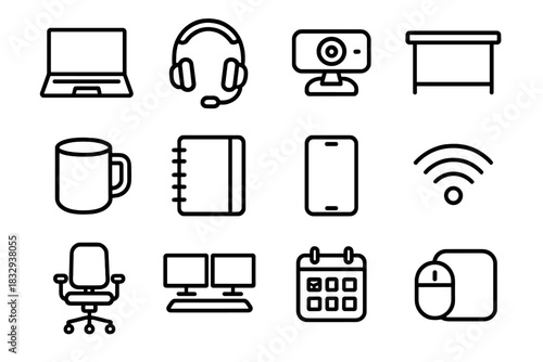 Remote Work Icons. Remote Work Essentials linear icon set: laptop, headset, webcam, desk setup, coffee mug, notebook, smartphone, Wi-Fi symbol, ergonomic chair, dual monitors, task