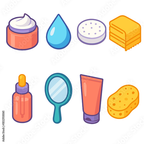 Skincare Icons in Isometric. Daily Skincare Routine flat icons set. moisturizer jar, water droplet, cotton pad, face towel, serum bottle, hand mirror, cleanser tube, soft sponge