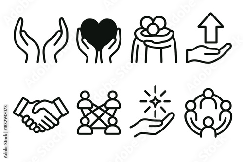 Community Support Symbols. Supportive Community Symbols linear icon set: caring arms, shared heart, group embrace, guidance arrow, trust emblem, community net, uplift spark
