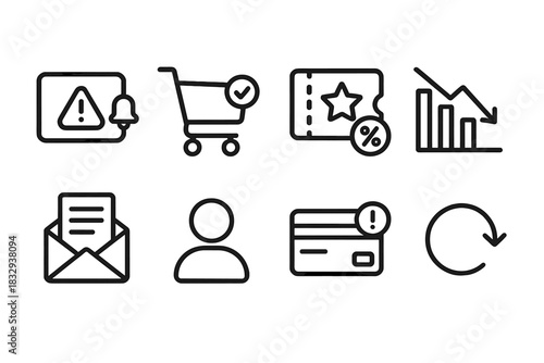 E-commerce Recovery Icons. Shopping Recovery linear icon set: push notification, cart reminder, offer popup, lost sale chart, follow-up email, user avatar, checkout alert, recovery
