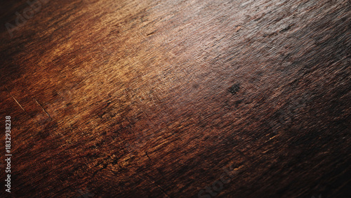 A rustic dark brown wooden surface, showcasing rich texture, natural grain patterns, and subtle scratches, beautifully illuminated by a soft, warm light.