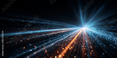 Fototapeta Naklejka Na Ścianę i Meble -  Futuristic digital tunnel with glowing particles and light trails symbolizing technology and data integration for innovative backgrounds