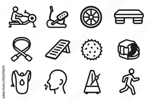Fitness Equipment Icons. Cardio & Mobility Icons linear icon set: rowing machine, elliptical pedal, spin bike wheel, aerobic step, stretching strap, calf stretcher, massage ball
