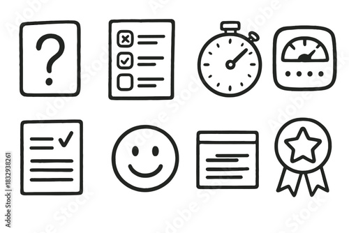 Assessment Icons Doodle. Assessment Tools set of icons in doodle hand-drawn vector style: question card, answer options, stopwatch, score dashboard, evaluation paper, feedback