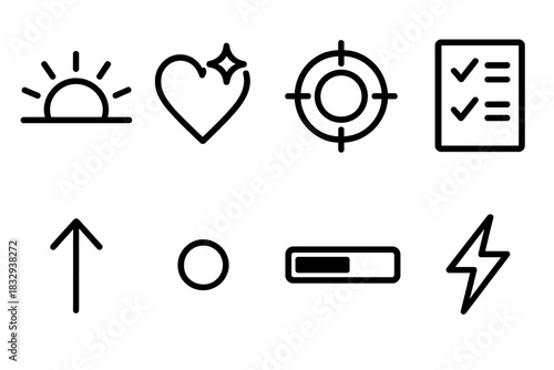 Motivation Icons. Motivation Routines Essentials linear icon set: rising sun, heart spark, focus circle, checklist, upward arrow, clarity dot, progress bar, energy spark