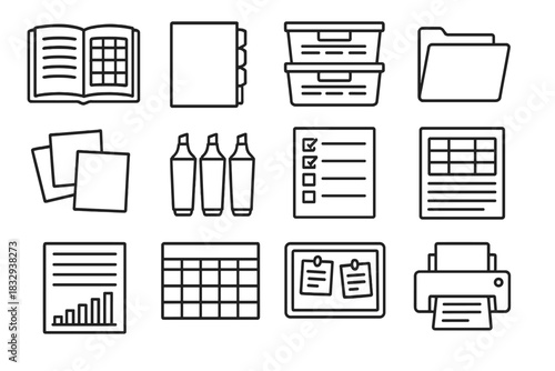 Homeschool Organizing Tools. Homeschool Organization Tools linear icon set. lesson plan book, subject divider tabs, storage bins, file folders, sticky notes, highlighters