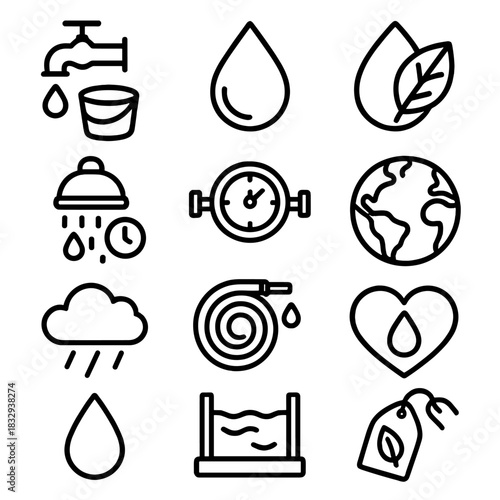 Save Water Icons. Save Water Initiative linear icon set: dripping tap, bucket, clean water drop, leaf, shower timer, water meter, earth globe, rain cloud, hose, droplet heart