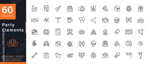 60 Party Elements Line Icons Set for Celebrations and Events